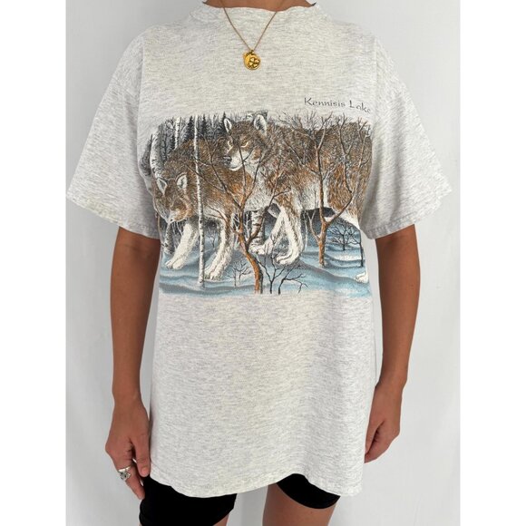 90s vintage grey wolf pack animal nature canada graphic short sleeved tee shirt - Picture 6 of 9